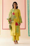 I AM Design_Mustard Silk Organza Applique, Embroidery Round Neck Work Suit Set _Online_at_Aza_Fashions