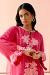 I AM Design_Pink Silk Organza Applique, Embroidery Round Neck Hot Suit Set With Mustard _Online_at_Aza_Fashions