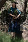 Amka_Blue Silk Round Neck Midnight Floral Kaftan _at_Aza_Fashions