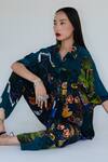Amka_Blue Silk Collared Midnight Printed Pant Set _at_Aza_Fashions