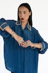 Buy_Amka_Blue Silk Embroidery, Studs Collared Midnight Shirt And Pant Set 