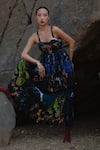 Amka_Blue Silk Embroidery Lily Natural Dress _Online_at_Aza_Fashions