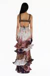Shop_Amka_Pink Silk Embroidery, Ruffles Plunge Neck Artichoke Printed Blouse And Skirt Set _at_Aza_Fashions
