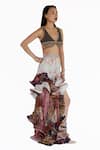 Shop_Amka_Pink Silk Embroidery, Ruffles Plunge Neck Artichoke Printed Blouse And Skirt Set _Online_at_Aza_Fashions