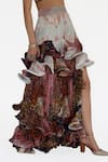 Buy_Amka_Pink Silk Embroidery, Ruffles Plunge Neck Artichoke Printed Blouse And Skirt Set 