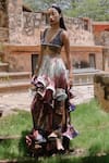Buy_Amka_Pink Silk Embroidery, Ruffles Plunge Neck Artichoke Printed Blouse And Skirt Set _at_Aza_Fashions
