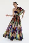 Buy_Amka_Multi Color Silk Embroidery One Shoulder Mosaic Natural Top And Skirt Set _Online_at_Aza_Fashions