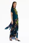 Amka_Blue Silk Round Neck Floral Print Kaftan Top _Online_at_Aza_Fashions