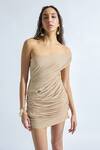 Shop_Deme By Gabriella_Brown Lycra Round Neck Amy Solid Draped Short Dress _at_Aza_Fashions
