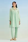 Buy_Anantaa By Roohi_Green Chanderi, Cotton Embroidery Collared Mul Kurta Pant Set _at_Aza_Fashions