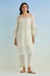 Buy_Anantaa By Roohi_Ivory Chanderi Embroidery Round Neck Kurta Pant Set _at_Aza_Fashions
