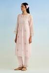 Anantaa By Roohi_Pink Chanderi, Cotton Embroidery Round Neck Kurta Pant Set _Online_at_Aza_Fashions