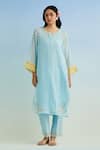 Shop_Anantaa By Roohi_Blue Chanderi Embroidery Round Neck Mul Kurta Set With Yellow Dupatta _Online_at_Aza_Fashions