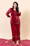Mamicha_Maroon Organza, Chiffon Embroidery Round Neck Rose Wood Kurta Pant Set _Online_at_Aza_Fashions