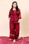 Mamicha_Maroon Organza, Chiffon Embroidery Round Neck Rose Wood Kurta Pant Set _at_Aza_Fashions