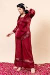 Shop_Mamicha_Maroon Organza, Chiffon Embroidery Round Neck Rose Wood Kurta Pant Set 