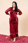 Buy_Mamicha_Maroon Organza, Chiffon Embroidery Round Neck Rose Wood Kurta Pant Set _at_Aza_Fashions