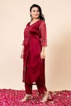 Mamicha_Maroon Organza, Chiffon Embroidery V-neck Rose Wood Angrakha Set _Online_at_Aza_Fashions