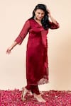 Mamicha_Maroon Organza, Chiffon Embroidery V-neck Rose Wood Angrakha Set _at_Aza_Fashions