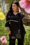 Buy_Mamicha_Black Satin Embroidery V-neck Space Angrakha And Pant Set _Online_at_Aza_Fashions