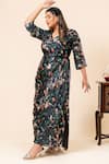 Mamicha_Black Satin, Georgette V-neck Floral Print Dress _Online_at_Aza_Fashions