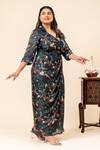 Mamicha_Black Satin, Georgette V-neck Floral Print Dress _at_Aza_Fashions