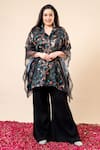 Shop_Mamicha_Black Satin, Georgette Collared Floral Print Kaftan And Pant Set _Online_at_Aza_Fashions