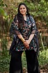 Mamicha_Black Satin, Georgette Collared Floral Print Kaftan And Pant Set _at_Aza_Fashions