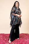 Mamicha_Black Satin, Georgette Collared Floral Print Kaftan And Pant Set _Online