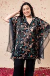 Buy_Mamicha_Black Satin, Georgette Collared Floral Print Kaftan And Pant Set _Online
