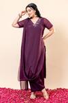 Buy_Mamicha_Wine Chiffon Embroidery V-neck Flat Shimmer Kurta Set _at_Aza_Fashions