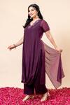 Mamicha_Wine Chiffon Embroidery V-neck Flat Shimmer Kurta Set _Online_at_Aza_Fashions