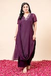 Shop_Mamicha_Wine Chiffon Embroidery V-neck Flat Shimmer Kurta Set _Online_at_Aza_Fashions