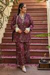 Buy_Mamicha_Wine Crepe Embroidery, Sequins V-neck Italian Kurta Pant Set _at_Aza_Fashions