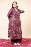 Mamicha_Wine Crepe Embroidery V-neck Printed Kurta Pant Set _Online_at_Aza_Fashions