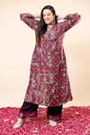 Mamicha_Wine Crepe Embroidery V-neck Printed Kurta Pant Set _at_Aza_Fashions