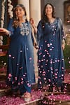 Mamicha_Blue Chiffon Embroidery Round Neck Midnight Shimmer Kurta Pant Set _Online