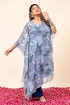 Mamicha_Blue Chiffon Round Neck Floral Print Kaftan And Pant Set _Online_at_Aza_Fashions