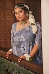 Mamicha_Blue Chiffon Round Neck Floral Print Kaftan And Pant Set _at_Aza_Fashions