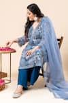 Shop_Mamicha_Blue Chiffon Beads, Embroidery Split V-neck Midnight Floral Kurta Set 