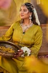 Mamicha_Green Satin Split V-neck Dark Lime Kurta Pant Set _Online_at_Aza_Fashions