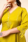 Buy_Mamicha_Green Satin Split V-neck Dark Lime Kurta Pant Set _Online_at_Aza_Fashions