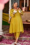 Mamicha_Green Satin Split V-neck Dark Lime Kurta Pant Set _at_Aza_Fashions