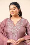 Shop_Mamicha_Pink Crepe Embroidery, Beads V-neck Salmon Kurta Set _Online_at_Aza_Fashions