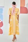 Shop_Moontara_Yellow Cotton Embroidery V-neck Check A Line Dress With Floral Detail _at_Aza_Fashions