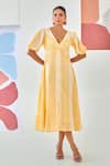 Buy_Moontara_Yellow Cotton Embroidery V-neck Check A Line Dress With Floral Detail _at_Aza_Fashions