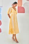Moontara_Yellow Cotton Embroidery V-neck Check A Line Dress With Floral Detail _at_Aza_Fashions