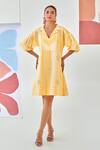 Buy_Moontara_Yellow Cotton Embroidery V-neck Check Short Dress With Floral _at_Aza_Fashions