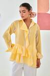 Buy_Moontara_Yellow Cotton Embroidery Collared Check Asymmetric Shirt And White Pants _Online_at_Aza_Fashions