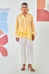 Buy_Moontara_Yellow Cotton Embroidery Collared Check Asymmetric Shirt And White Pants _at_Aza_Fashions